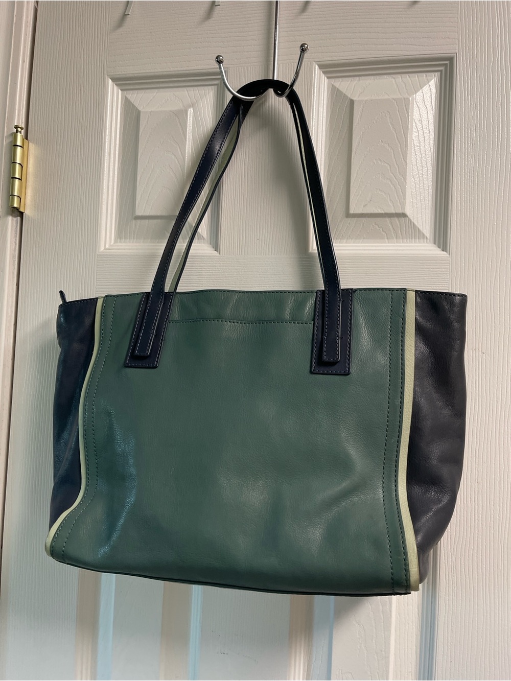 Fossil Green and Black Leather Tote with Cream Trim - Picture 3 of 15